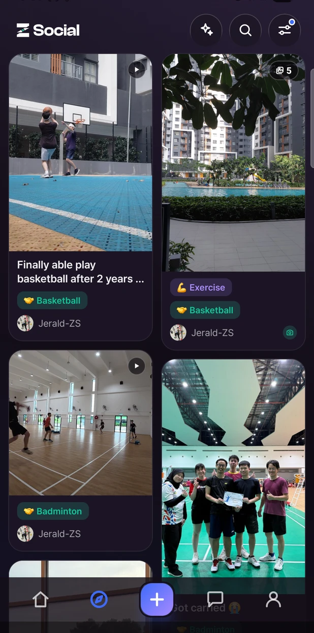 The ZSocial explore feed, a grid of real posts by hobby